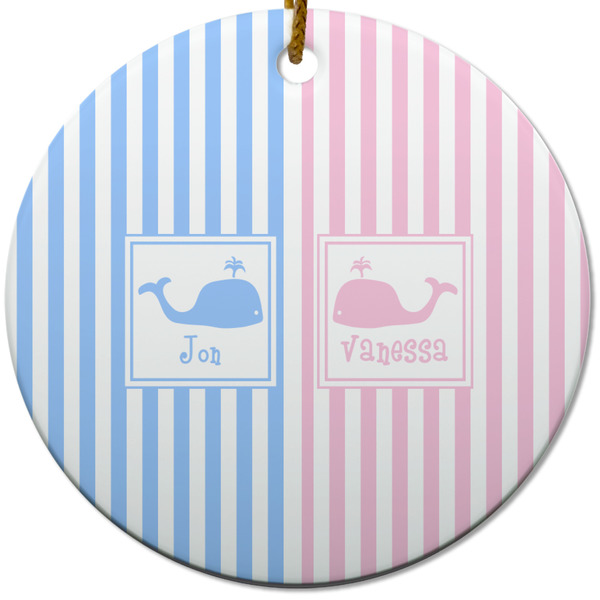 Custom Striped w/ Whales Round Ceramic Ornament w/ Multiple Names