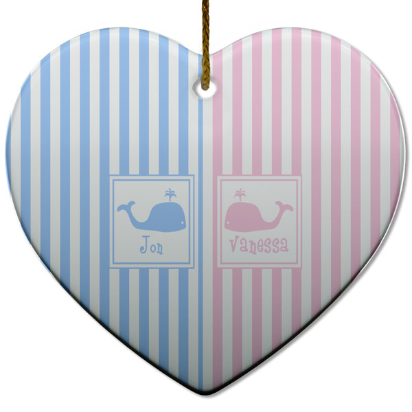 Custom Striped w/ Whales Heart Ceramic Ornament w/ Multiple Names
