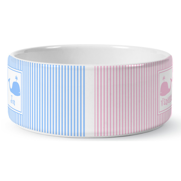 Custom Striped w/ Whales Ceramic Dog Bowl - Large (Personalized)