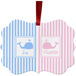 Striped w/ Whales Metal Frame Ornament - Double Sided w/ Multiple Names