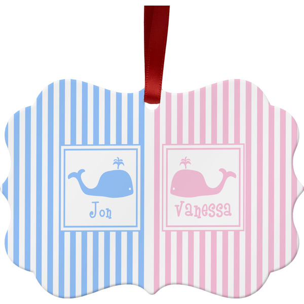 Custom Striped w/ Whales Metal Frame Ornament - Double Sided w/ Multiple Names