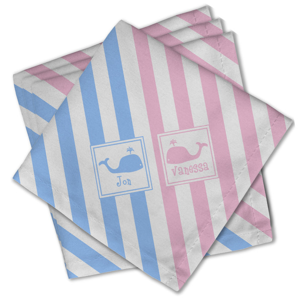 Custom Striped w/ Whales Cloth Cocktail Napkins - Set of 4 w/ Multiple Names
