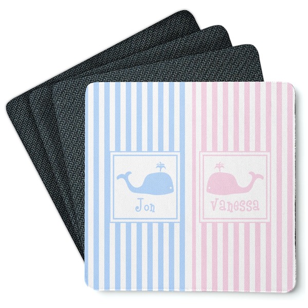 Custom Striped w/ Whales Square Rubber Backed Coasters - Set of 4 (Personalized)