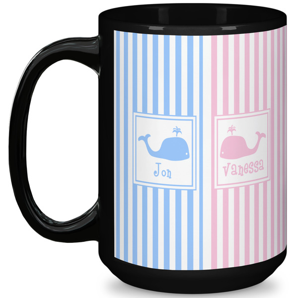 Custom Striped w/ Whales 15 Oz Coffee Mug - Black (Personalized)