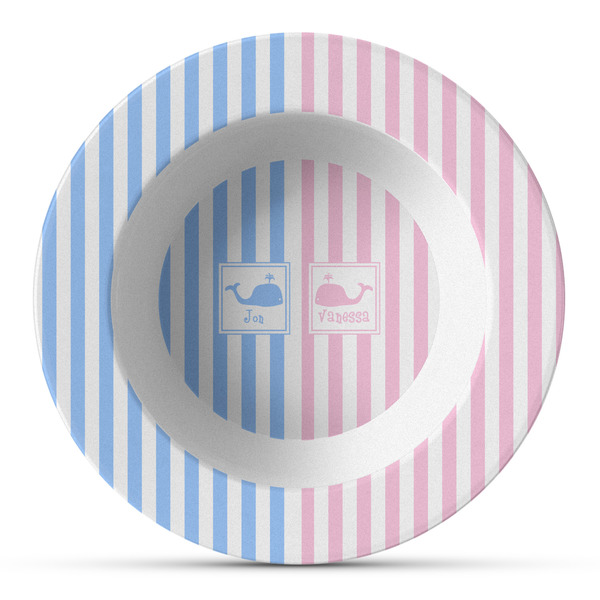 Custom Striped w/ Whales Plastic Bowl - Microwave Safe - Composite Polymer (Personalized)