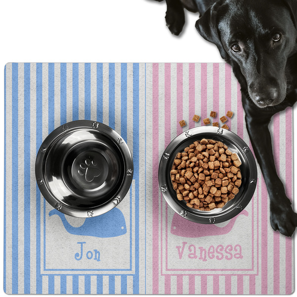 Custom Striped w/ Whales Dog Food Mat - Large w/ Multiple Names