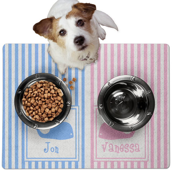 Striped w/ Whales Dog Food Mat - Medium LIFESTYLE