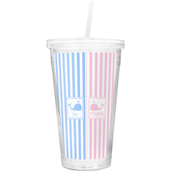 Custom Striped w/ Whales Double Wall Tumbler with Straw (Personalized)