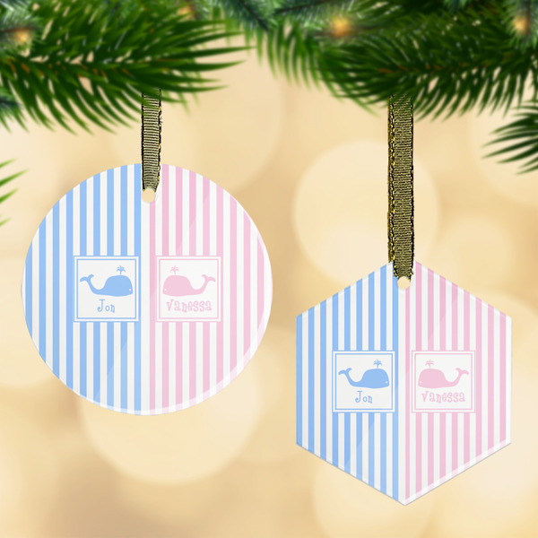 Custom Striped w/ Whales Flat Glass Ornament w/ Multiple Names
