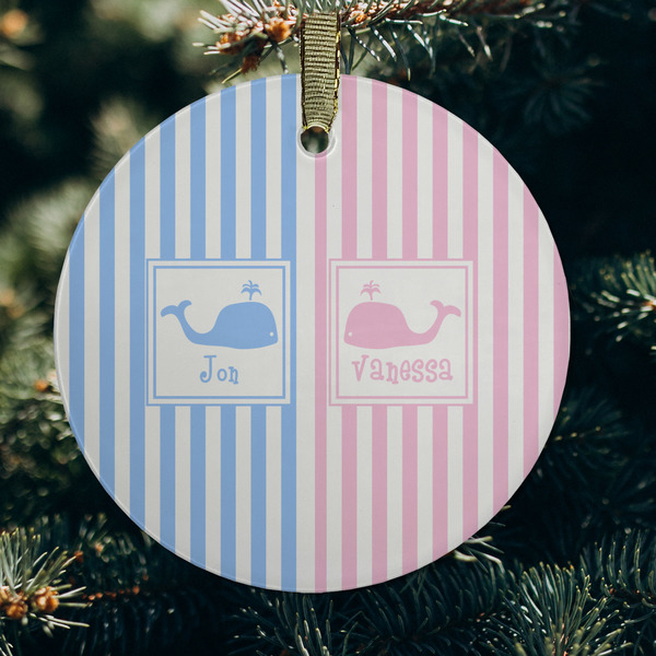 Striped w/ Whales Frosted Glass Ornament - Round (Lifestyle)