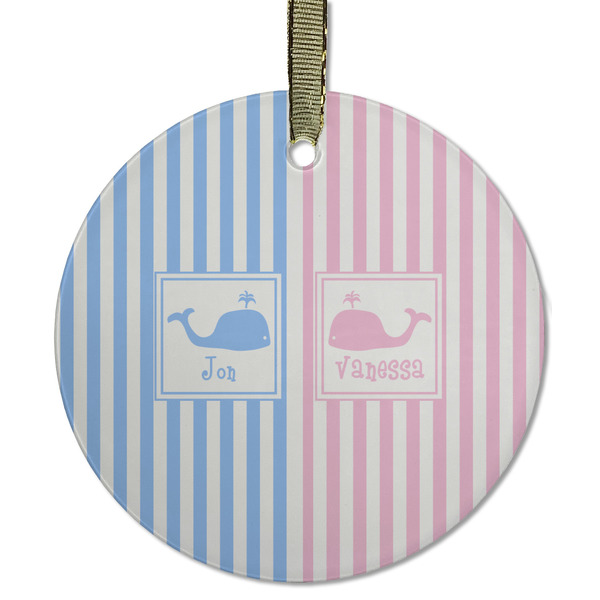 Custom Striped w/ Whales Flat Glass Ornament - Round w/ Multiple Names