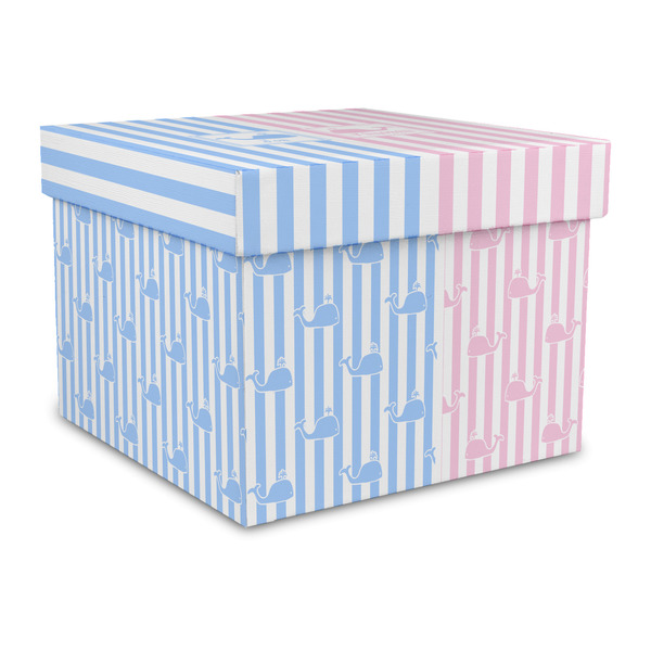 Custom Striped w/ Whales Gift Box with Lid - Canvas Wrapped - Large (Personalized)