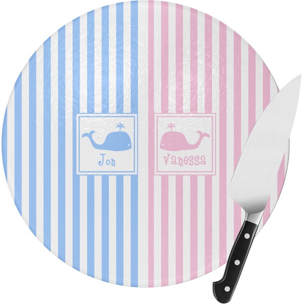 Custom Striped w/ Whales Round Glass Cutting Board - Medium (Personalized)