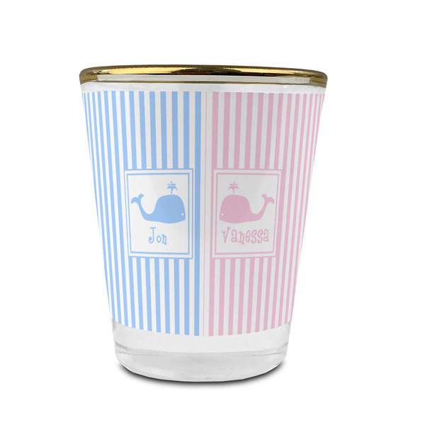 Striped w/ Whales Glass Shot Glass - With gold rim - FRONT