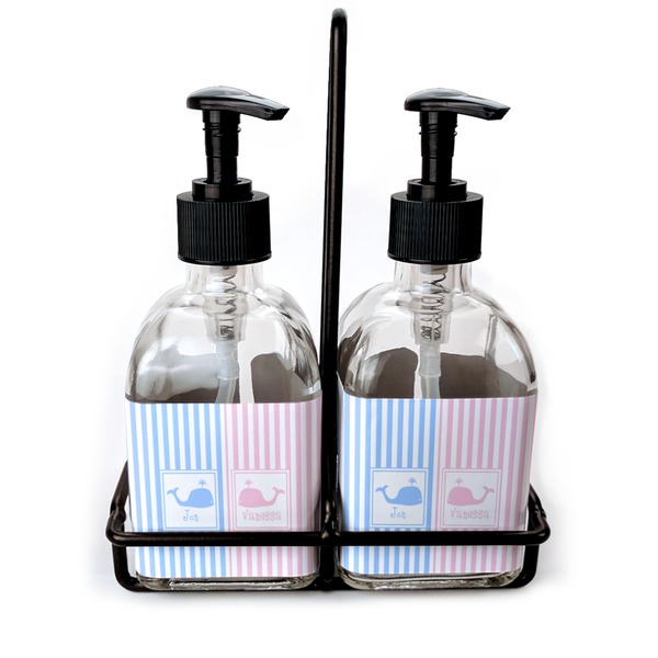 Custom Striped w/ Whales Glass Soap & Lotion Bottle Set (Personalized)