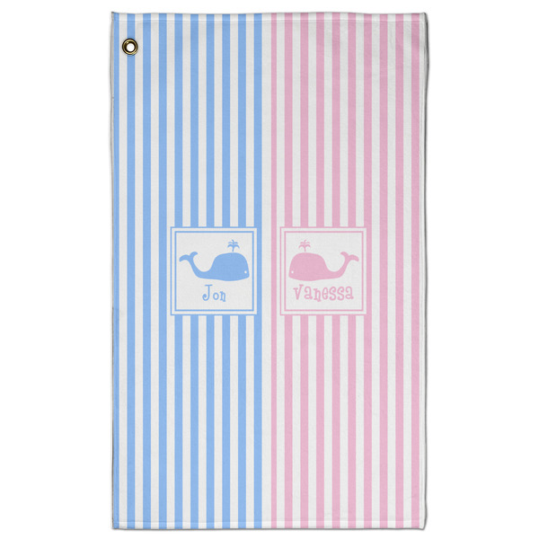 Custom Striped w/ Whales Golf Towel - Poly-Cotton Blend - Large w/ Multiple Names