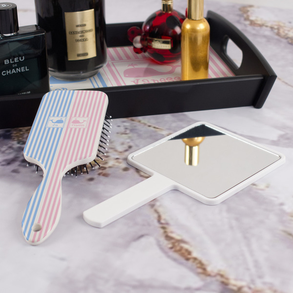 Striped w/ Whales Hair Brush - With Hand Mirror