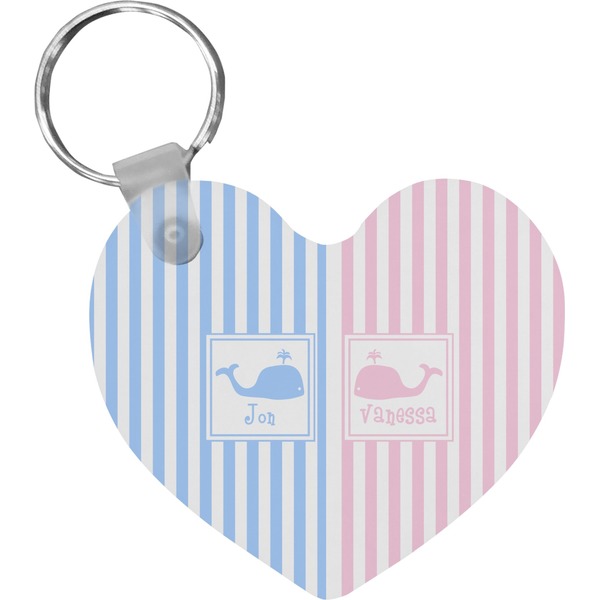 Custom Striped w/ Whales Heart Plastic Keychain w/ Multiple Names