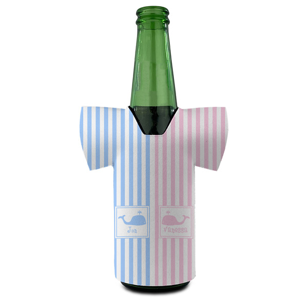 Striped w/ Whales Jersey Bottle Cooler - FRONT (on bottle)