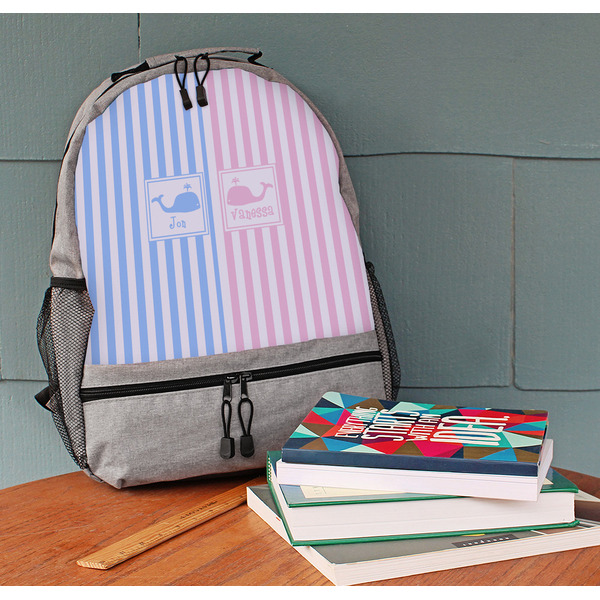 Striped w/ Whales Large Backpack - Gray - On Desk