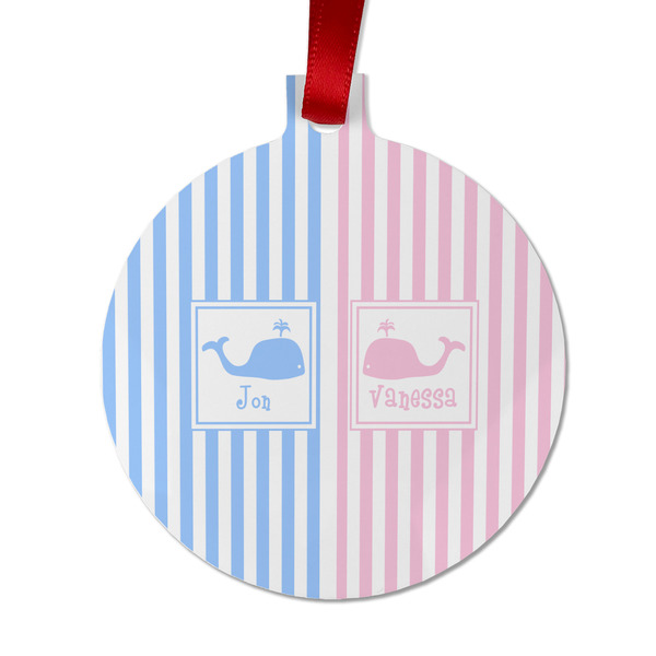 Custom Striped w/ Whales Metal Ball Ornament - Double Sided w/ Multiple Names