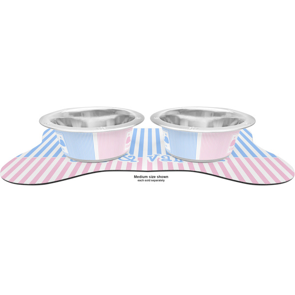 Striped w/ Whales Metal Pet Bowls - On Dog Bone Shaped Mat