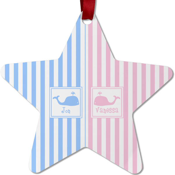 Custom Striped w/ Whales Metal Star Ornament - Double Sided w/ Multiple Names