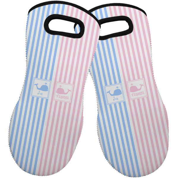 Custom Striped w/ Whales Neoprene Oven Mitts - Set of 2 w/ Multiple Names
