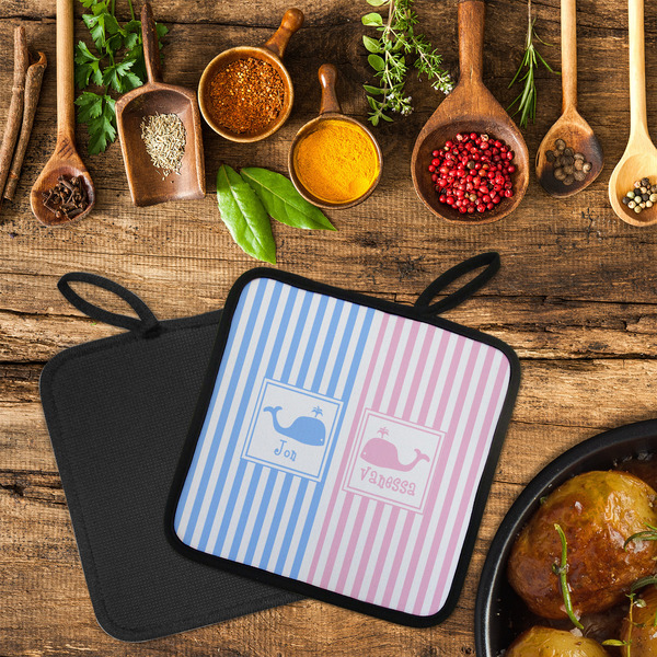 Striped w/ Whales Neoprene Pot Holder - Set of 2  LIFESTYLE (Flatlay)