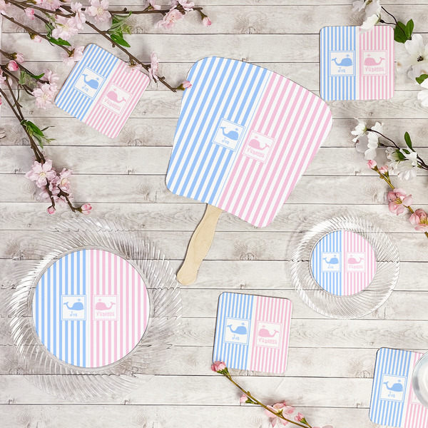 Striped w/ Whales Party Supplies Combination Image - All items - Plates, Coasters, Fans