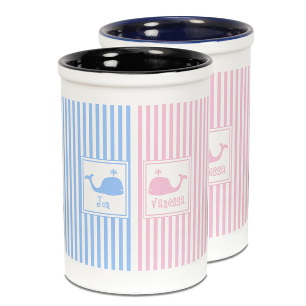 Custom Striped w/ Whales Ceramic Pencil Holder - Large