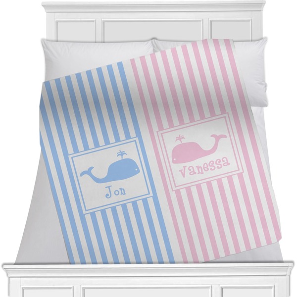 Custom Striped w/ Whales Minky Blanket - Twin / Full - 80"x60" - Single Sided (Personalized)