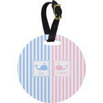 Striped w/ Whales Plastic Luggage Tag - Round (Personalized)