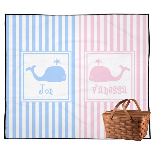 Custom Striped w/ Whales Outdoor Picnic Blanket (Personalized)