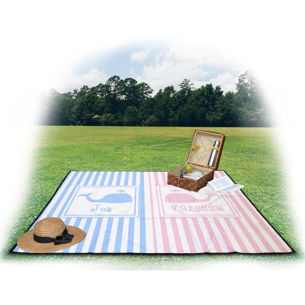Striped w/ Whales Picnic Blanket - with Basket Hat and Book - in Use