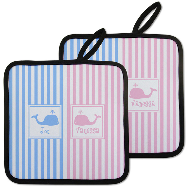 Custom Striped w/ Whales Pot Holders - Set of 2 w/ Multiple Names