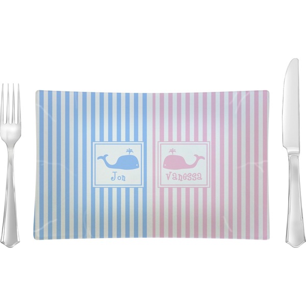 Custom Striped w/ Whales Rectangular Glass Lunch / Dinner Plate - Single or Set (Personalized)