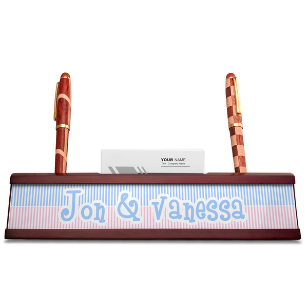 Striped w/ Whales Red Mahogany Nameplates with Business Card Holder - Straight