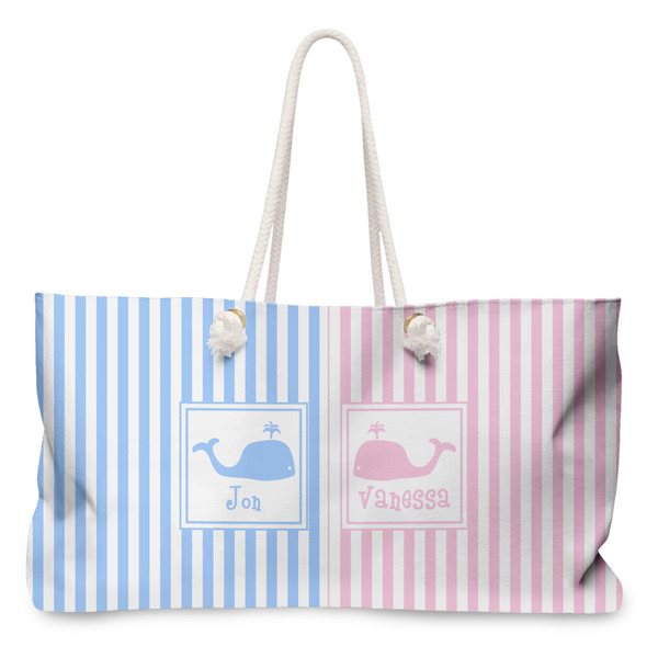 Custom Striped w/ Whales Large Tote Bag with Rope Handles (Personalized)