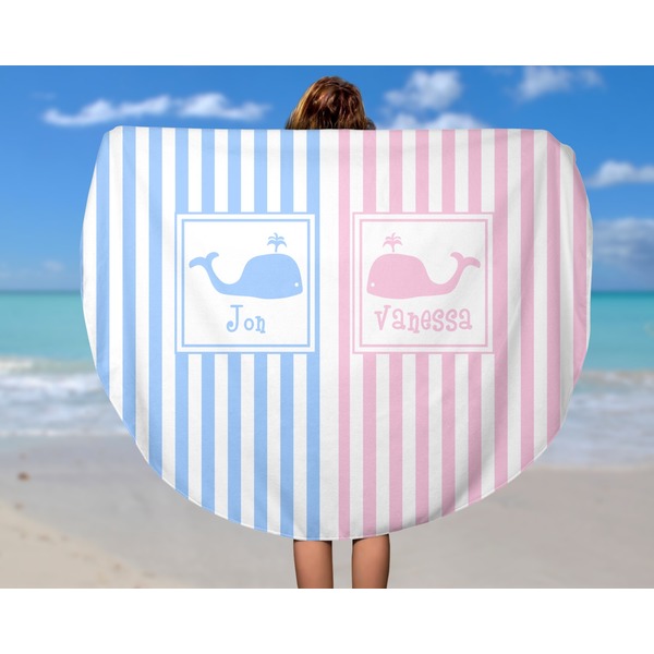 Striped w/ Whales Round Beach Towel - In Use