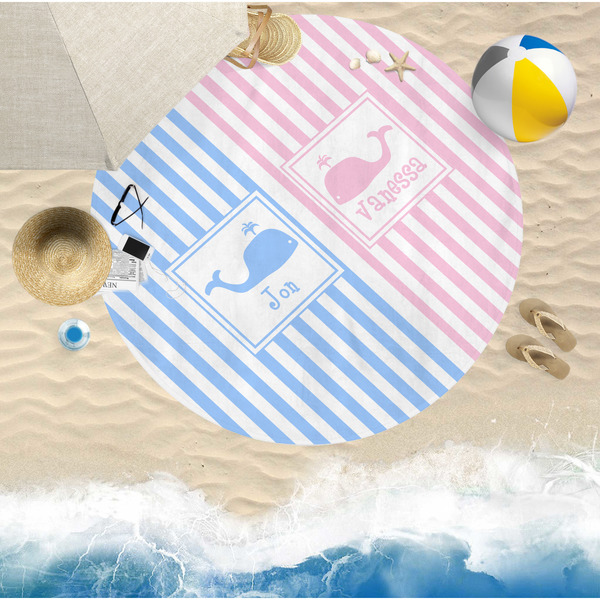 Striped w/ Whales Round Beach Towel Lifestyle