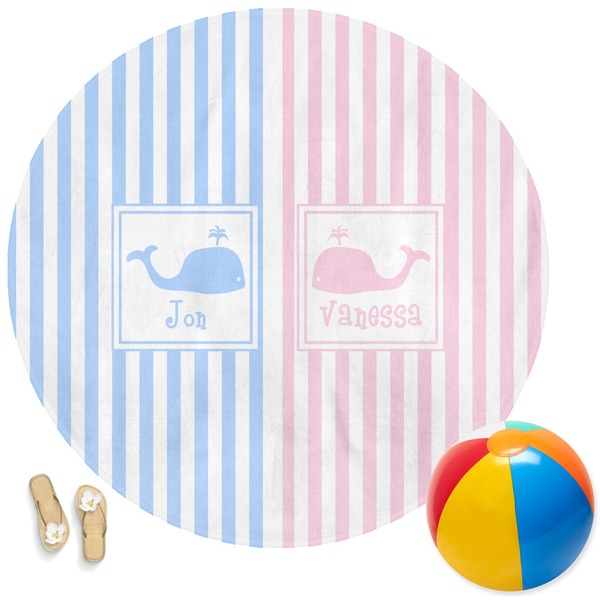 Custom Striped w/ Whales Round Beach Towel (Personalized)