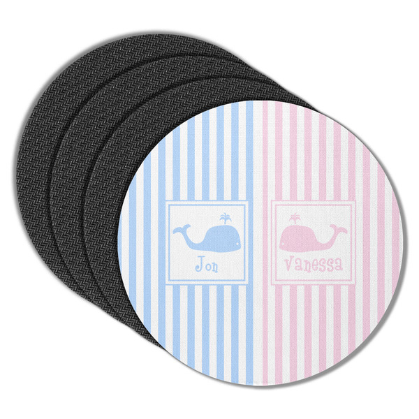Custom Striped w/ Whales Round Rubber Backed Coasters - Set of 4 (Personalized)