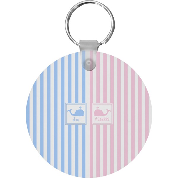 Custom Striped w/ Whales Round Plastic Keychain (Personalized)