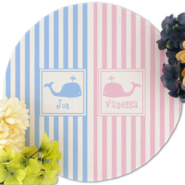 Striped w/ Whales Round Linen Placemats - Front (w flowers)