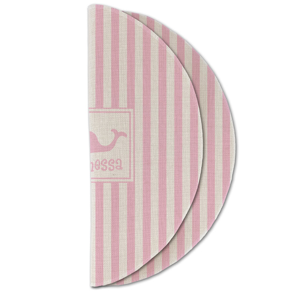 Striped w/ Whales Round Linen Placemats - HALF FOLDED (double sided)