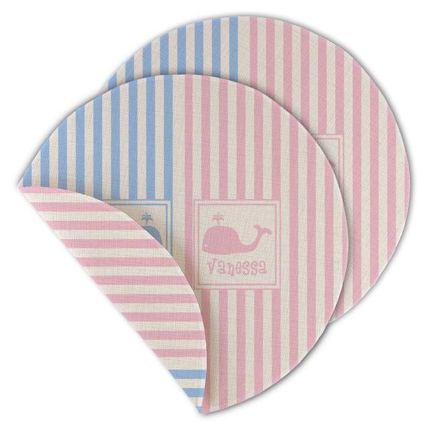 Custom Striped w/ Whales Round Linen Placemat - Double Sided (Personalized)
