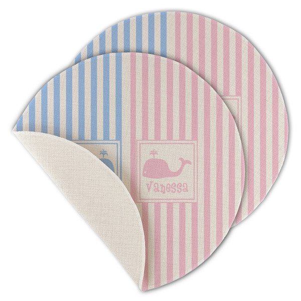 Custom Striped w/ Whales Round Linen Placemat - Single Sided - Set of 4 (Personalized)