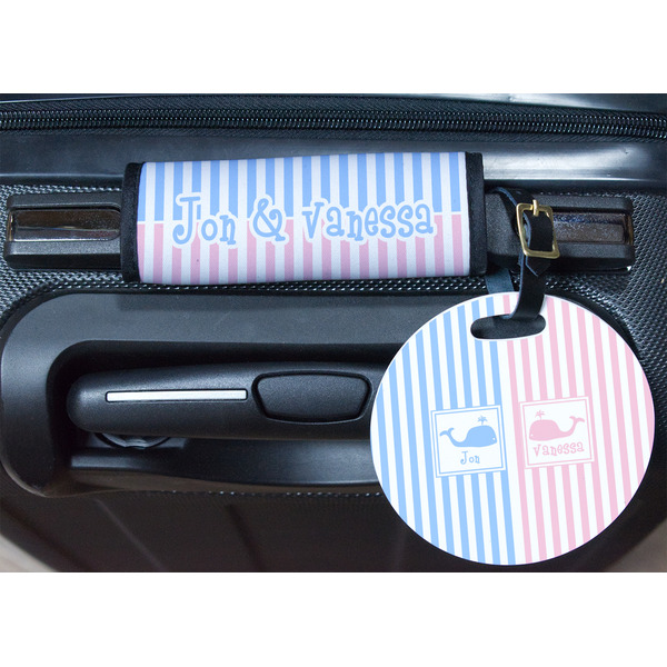 Striped w/ Whales Round Luggage Tag & Handle Wrap - In Context
