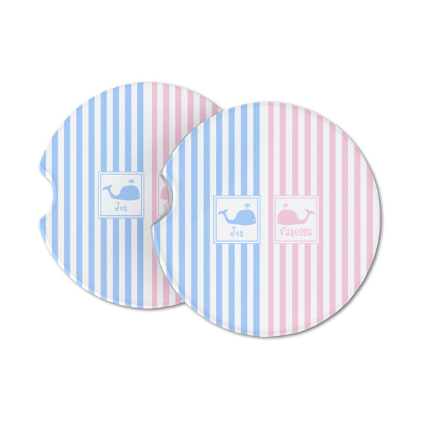 Custom Striped w/ Whales Sandstone Car Coasters - Set of 2 (Personalized)